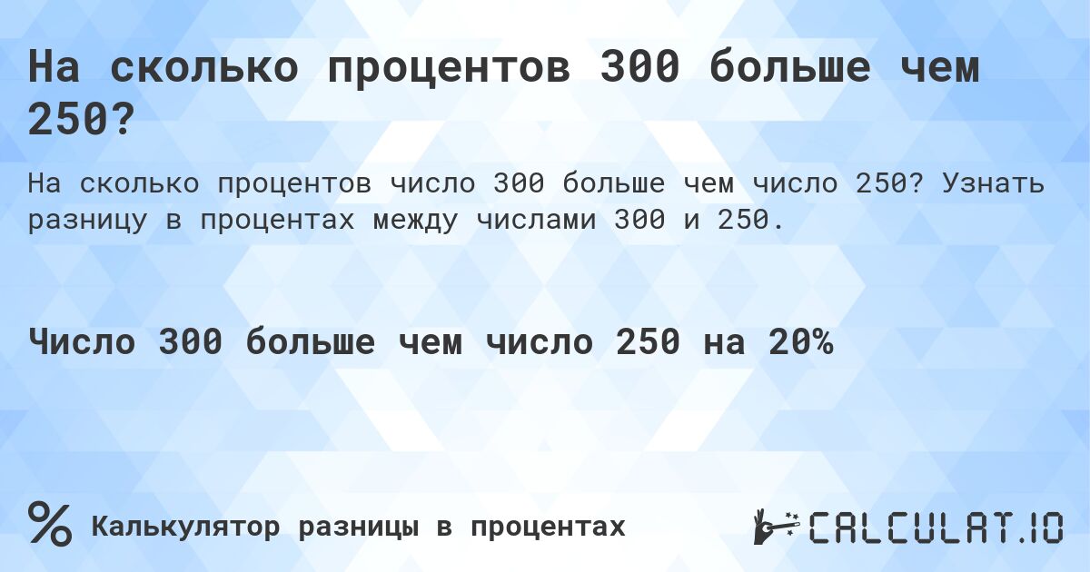 На сколько процентов 300 больше чем 250?. Узнать разницу в процентах между числами 300 и 250.