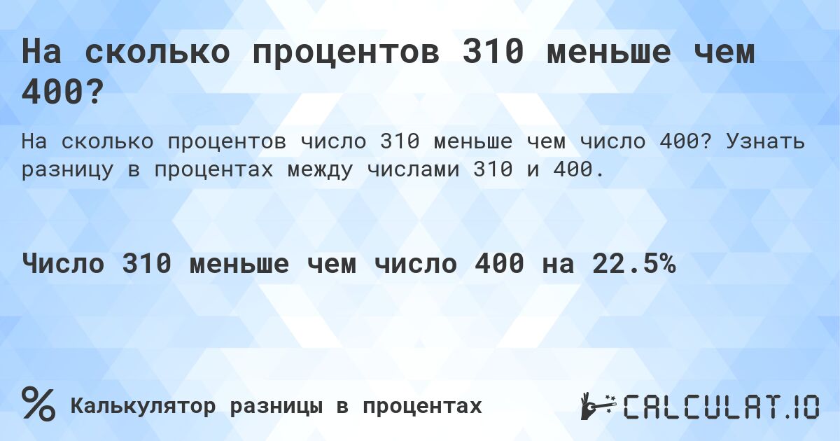 На сколько процентов 310 меньше чем 400?. Узнать разницу в процентах между числами 310 и 400.