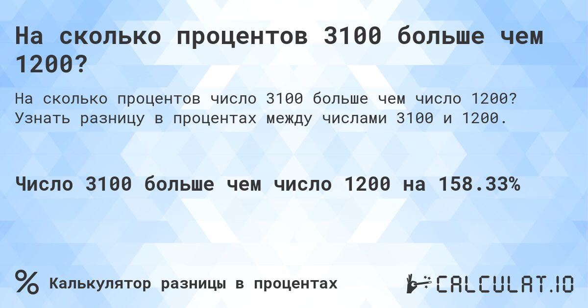 На сколько процентов 3100 больше чем 1200?. Узнать разницу в процентах между числами 3100 и 1200.