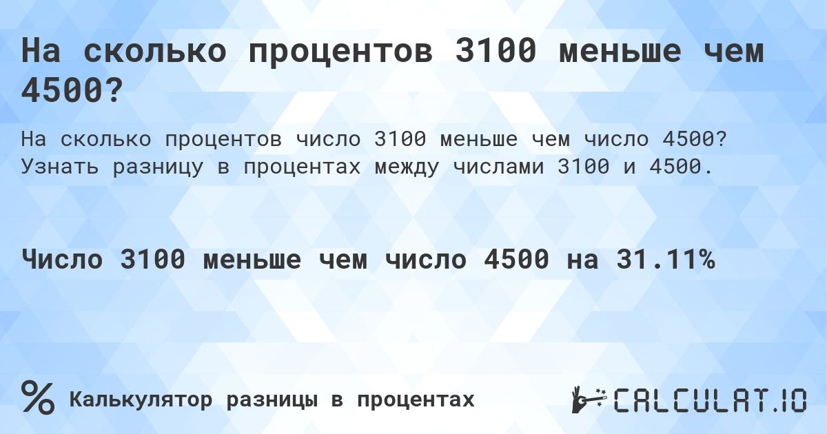 На сколько процентов 3100 меньше чем 4500?. Узнать разницу в процентах между числами 3100 и 4500.