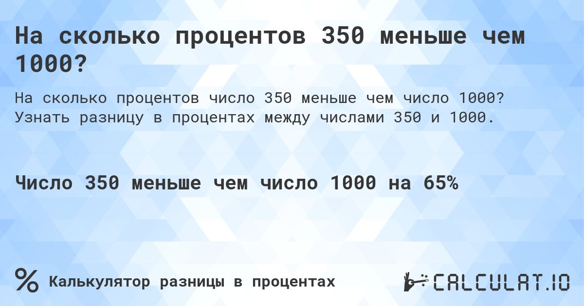 На сколько процентов 350 меньше чем 1000?. Узнать разницу в процентах между числами 350 и 1000.