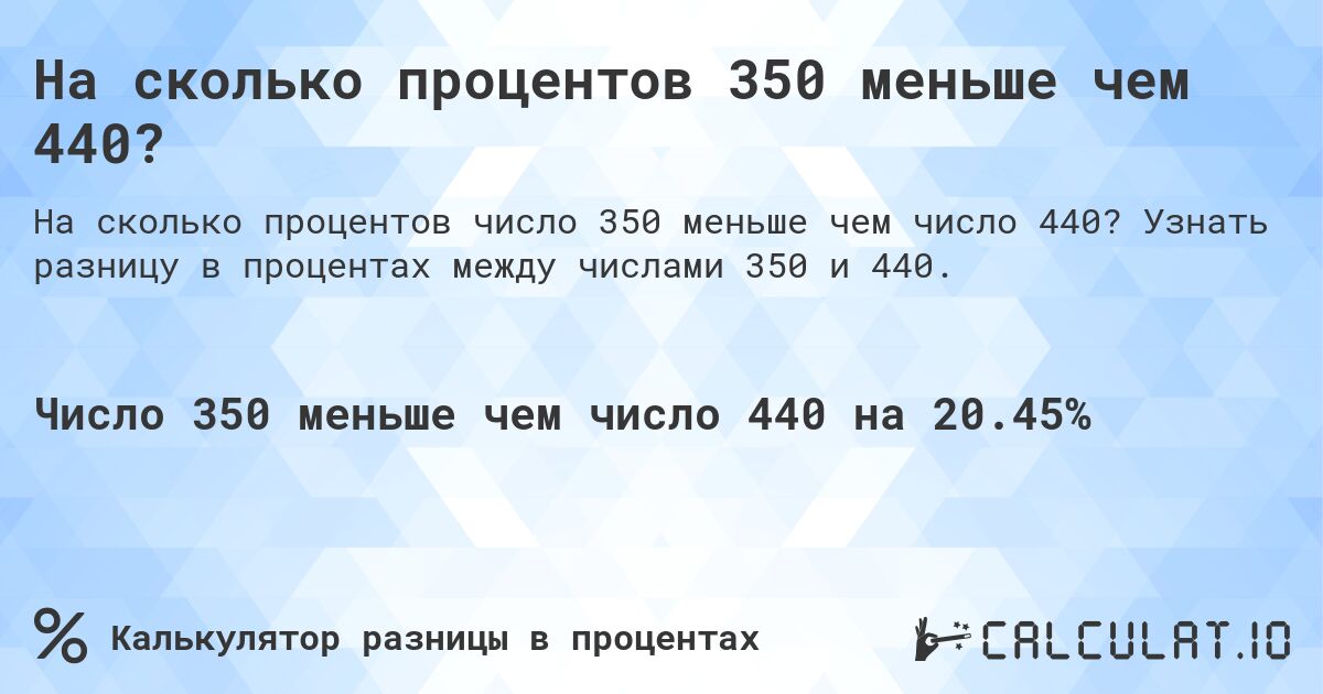 На сколько процентов 350 меньше чем 440?. Узнать разницу в процентах между числами 350 и 440.