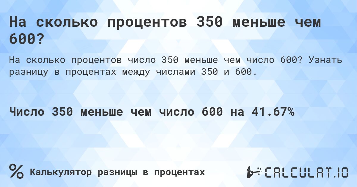 На сколько процентов 350 меньше чем 600?. Узнать разницу в процентах между числами 350 и 600.