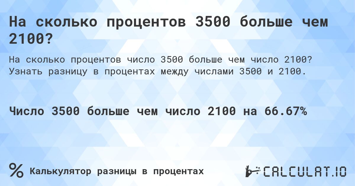 На сколько процентов 3500 больше чем 2100?. Узнать разницу в процентах между числами 3500 и 2100.