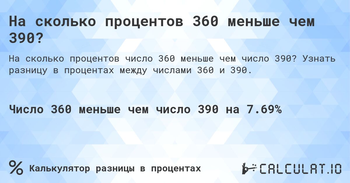 На сколько процентов 360 меньше чем 390?. Узнать разницу в процентах между числами 360 и 390.