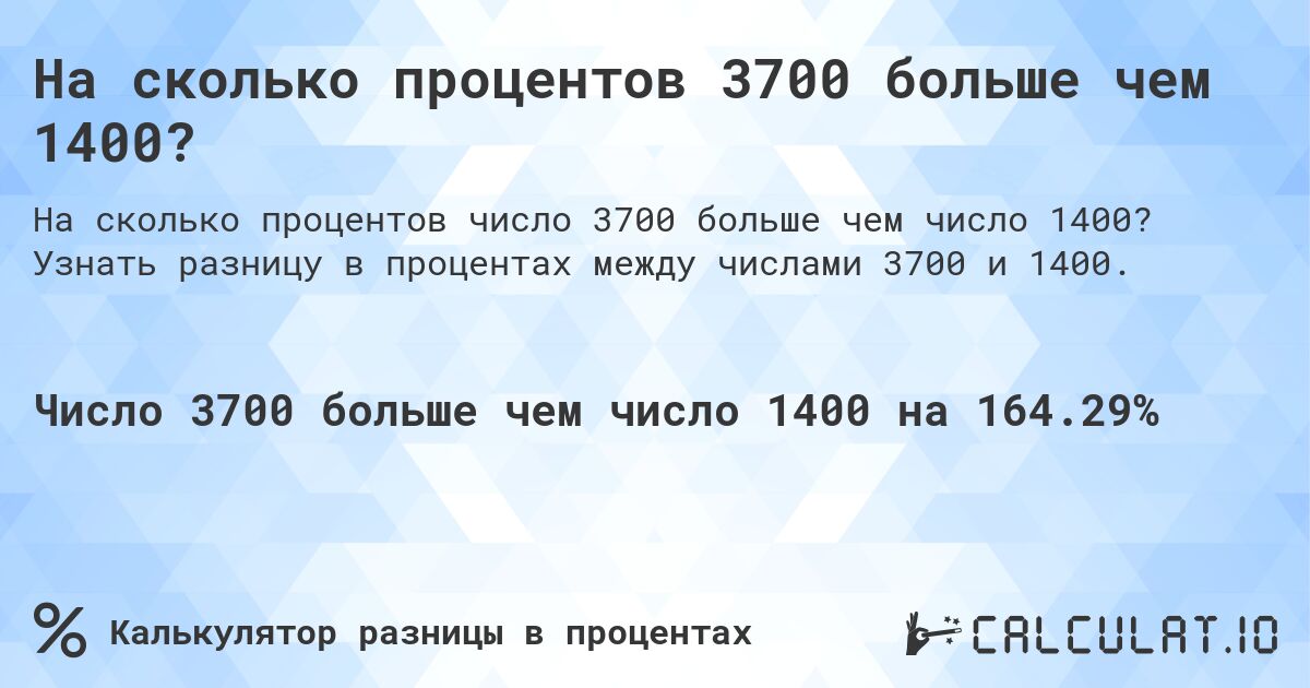 На сколько процентов 3700 больше чем 1400?. Узнать разницу в процентах между числами 3700 и 1400.