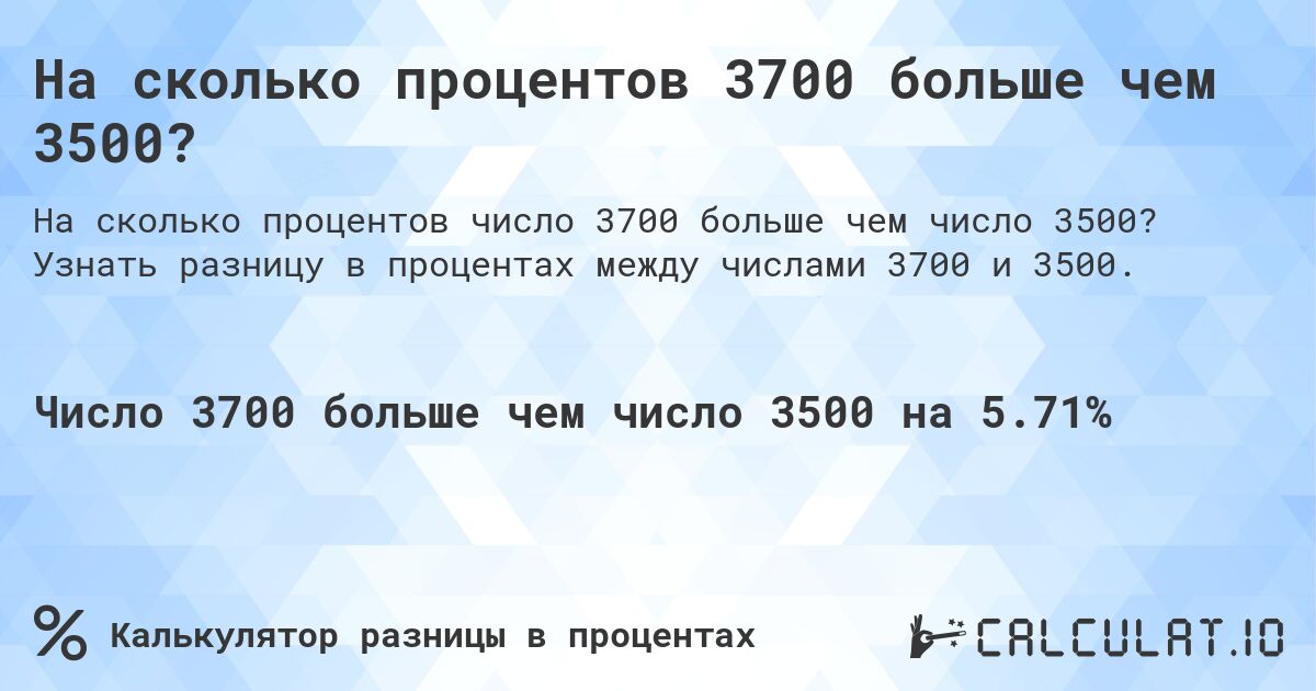 На сколько процентов 3700 больше чем 3500?. Узнать разницу в процентах между числами 3700 и 3500.