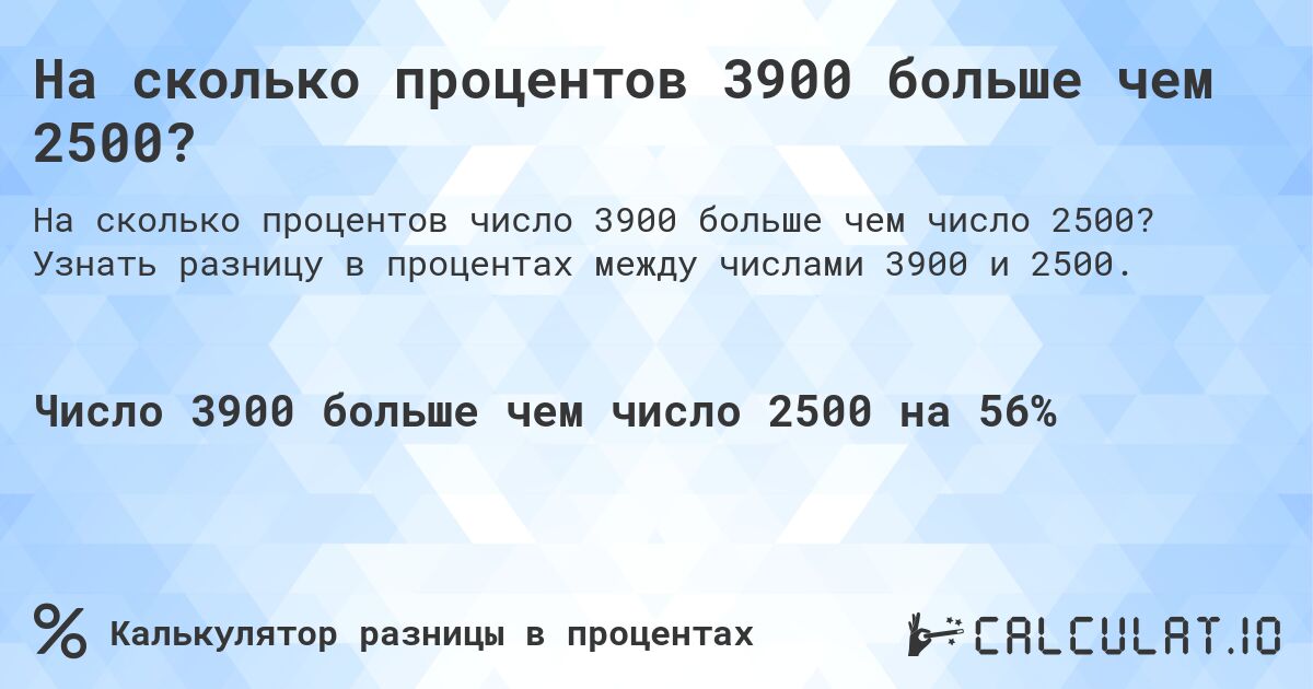 На сколько процентов 3900 больше чем 2500?. Узнать разницу в процентах между числами 3900 и 2500.