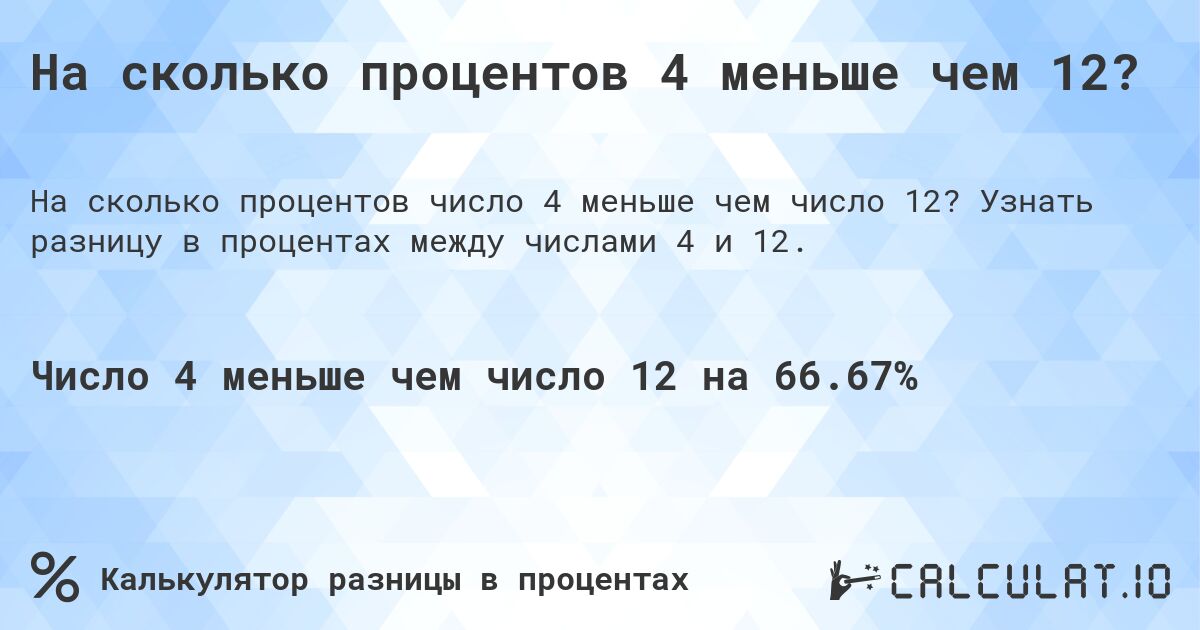 На сколько процентов 4 меньше чем 12?. Узнать разницу в процентах между числами 4 и 12.