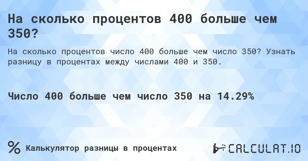 На сколько процентов 400 больше чем 350?. Узнать разницу в процентах между числами 400 и 350.