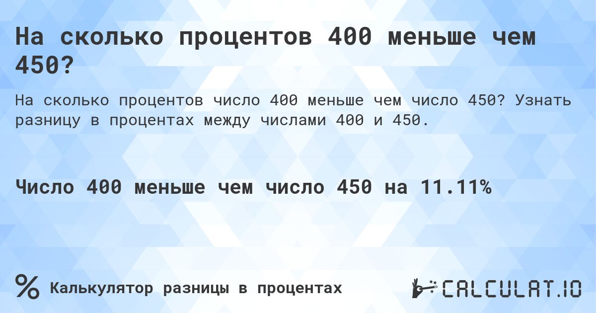 На сколько процентов 400 меньше чем 450?. Узнать разницу в процентах между числами 400 и 450.