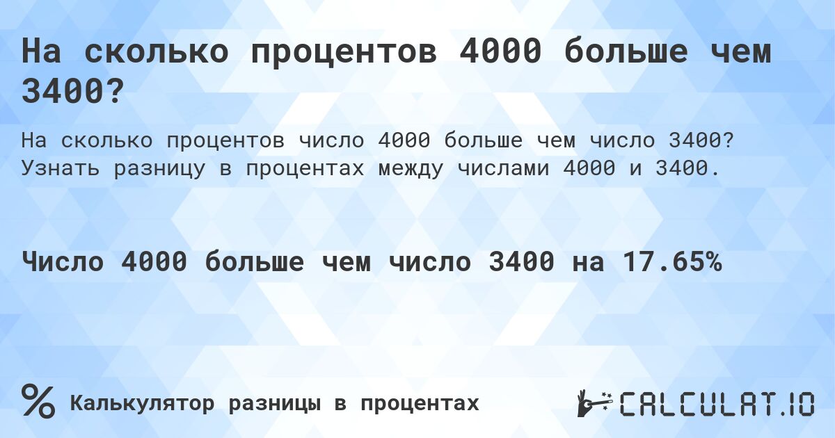 На сколько процентов 4000 больше чем 3400?. Узнать разницу в процентах между числами 4000 и 3400.