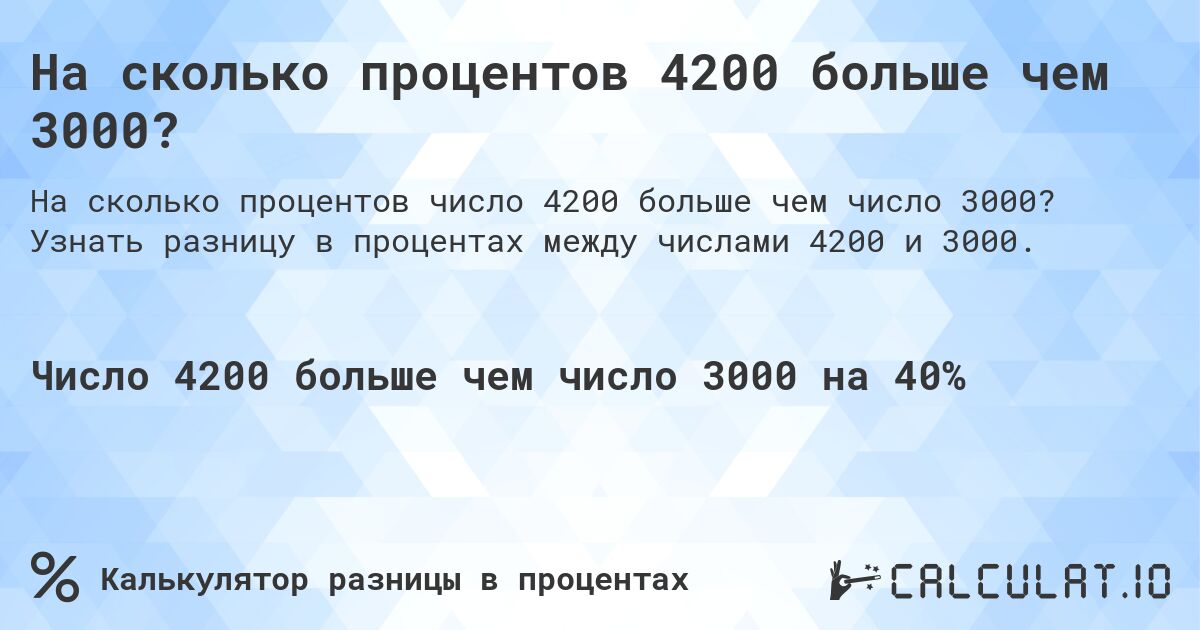 На сколько процентов 4200 больше чем 3000?. Узнать разницу в процентах между числами 4200 и 3000.