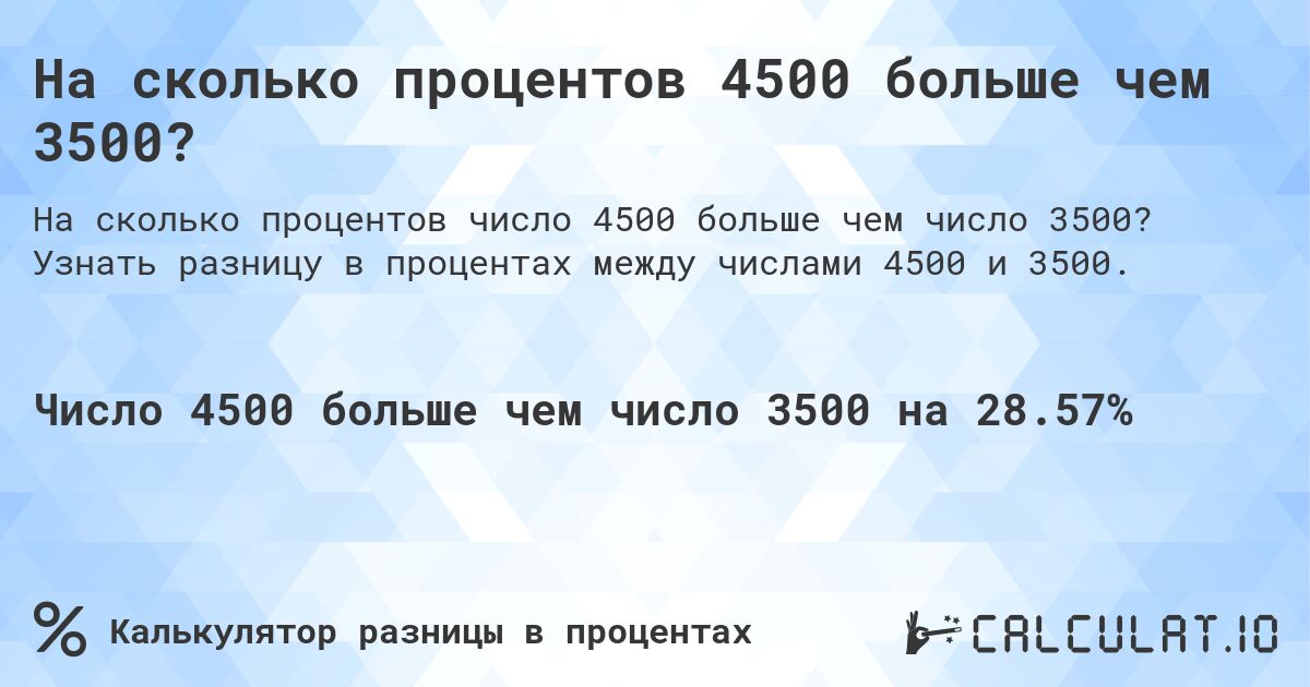 На сколько процентов 4500 больше чем 3500?. Узнать разницу в процентах между числами 4500 и 3500.