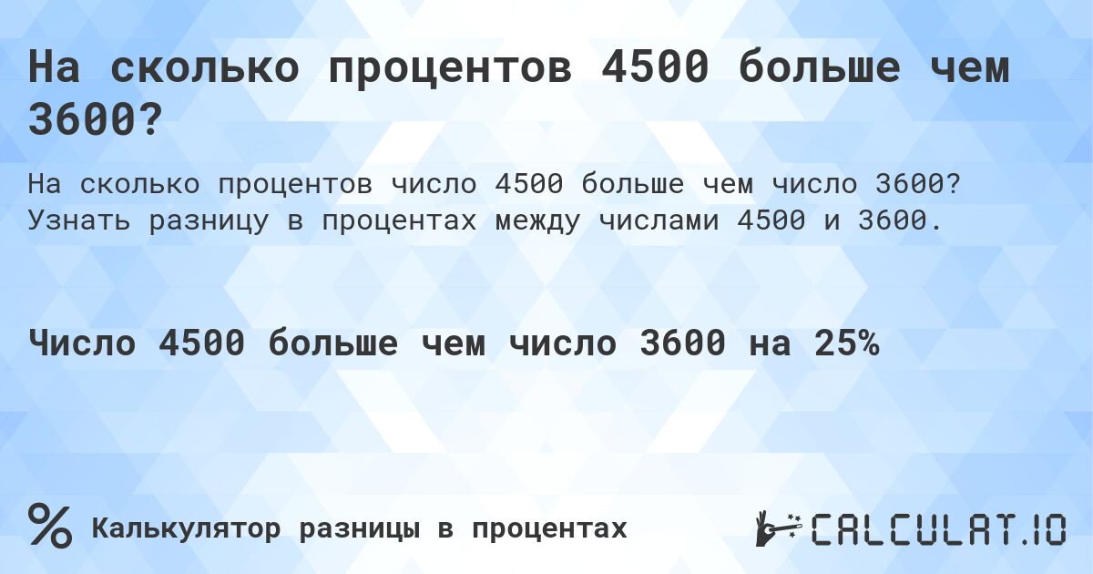 На сколько процентов 4500 больше чем 3600?. Узнать разницу в процентах между числами 4500 и 3600.