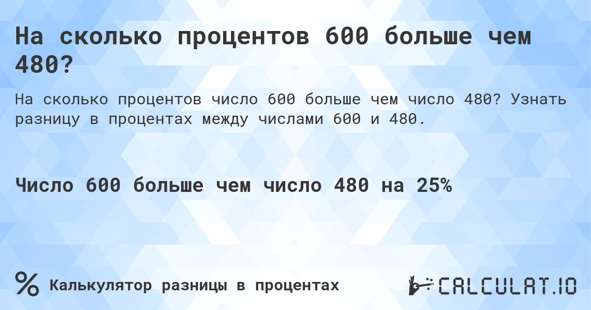 На сколько процентов 600 больше чем 480?. Узнать разницу в процентах между числами 600 и 480.