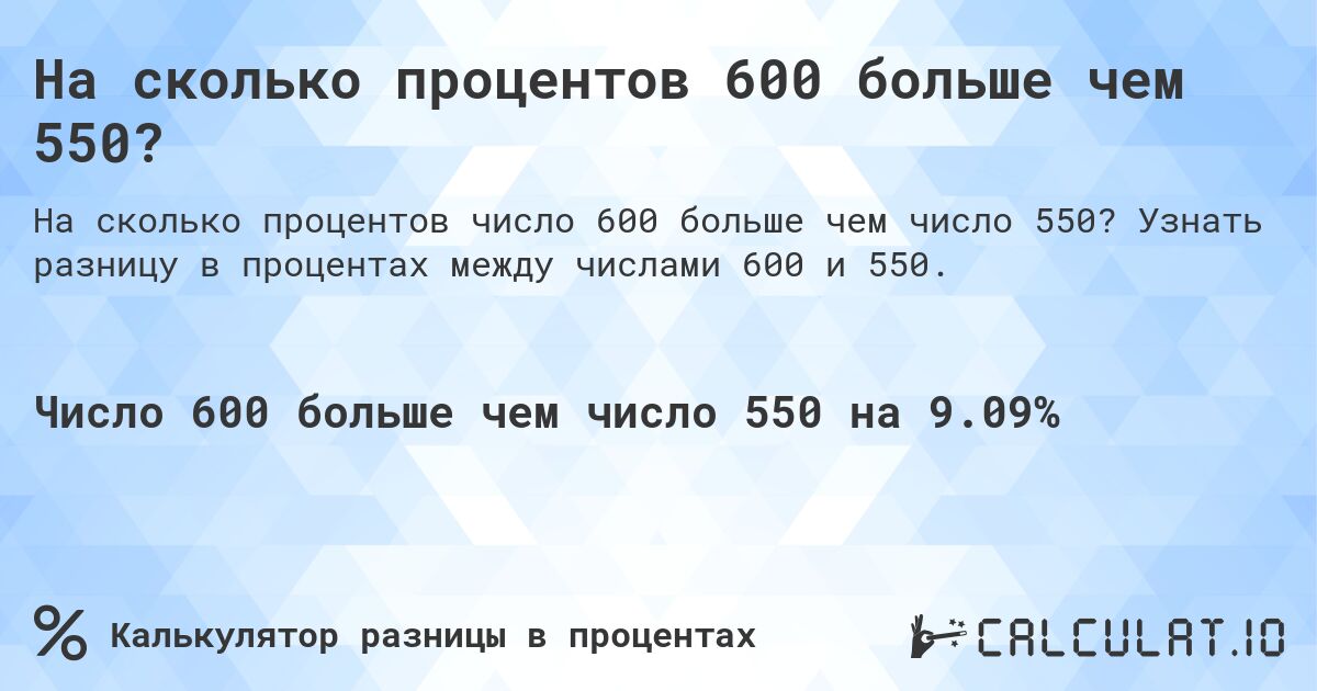 На сколько процентов 600 больше чем 550?. Узнать разницу в процентах между числами 600 и 550.