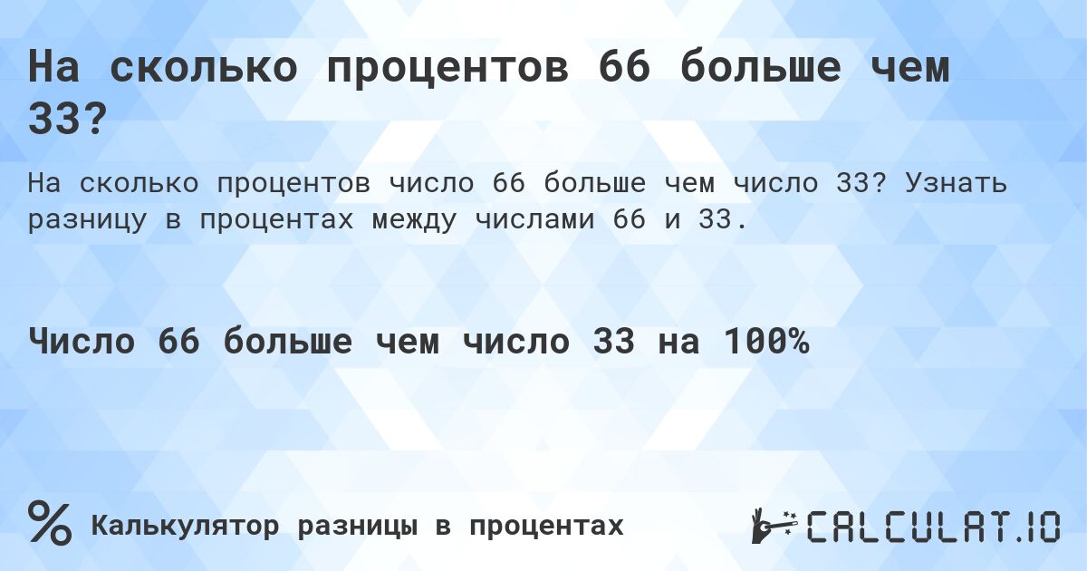 На сколько процентов 66 больше чем 33?. Узнать разницу в процентах между числами 66 и 33.