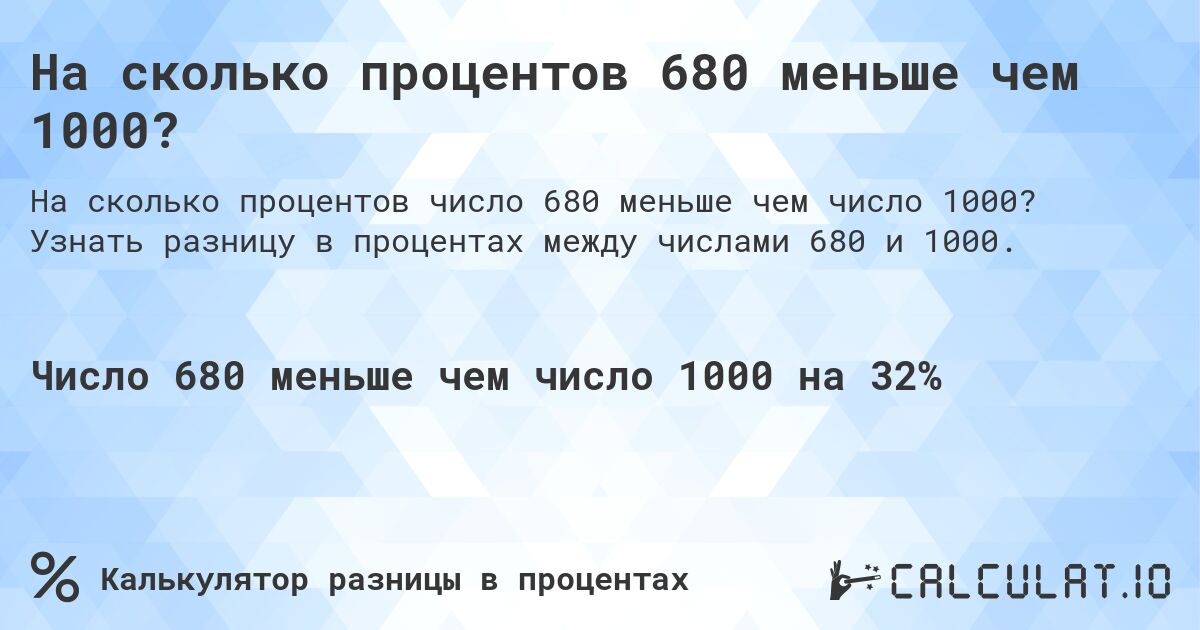 На сколько процентов 680 меньше чем 1000?. Узнать разницу в процентах между числами 680 и 1000.