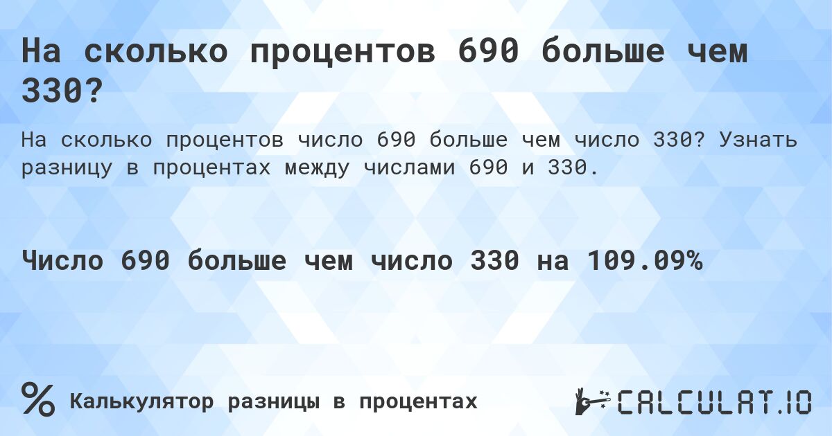 На сколько процентов 690 больше чем 330?. Узнать разницу в процентах между числами 690 и 330.