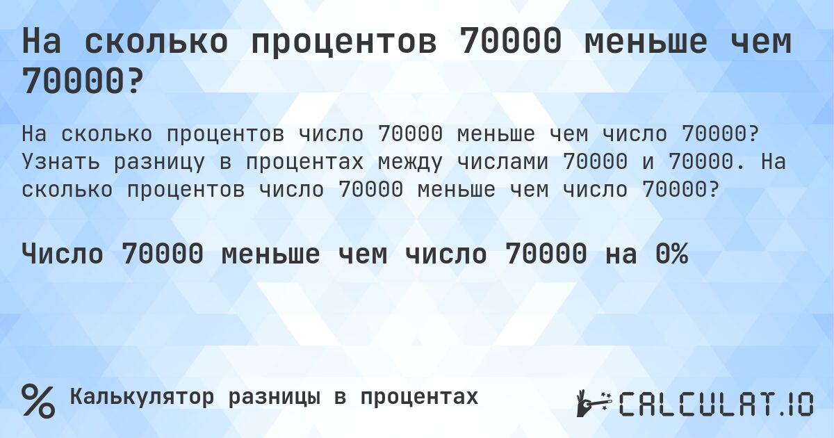 На сколько процентов 70000 меньше чем 70000?. Узнать разницу в процентах между числами 70000 и 70000. На сколько процентов число 70000 меньше чем число 70000?