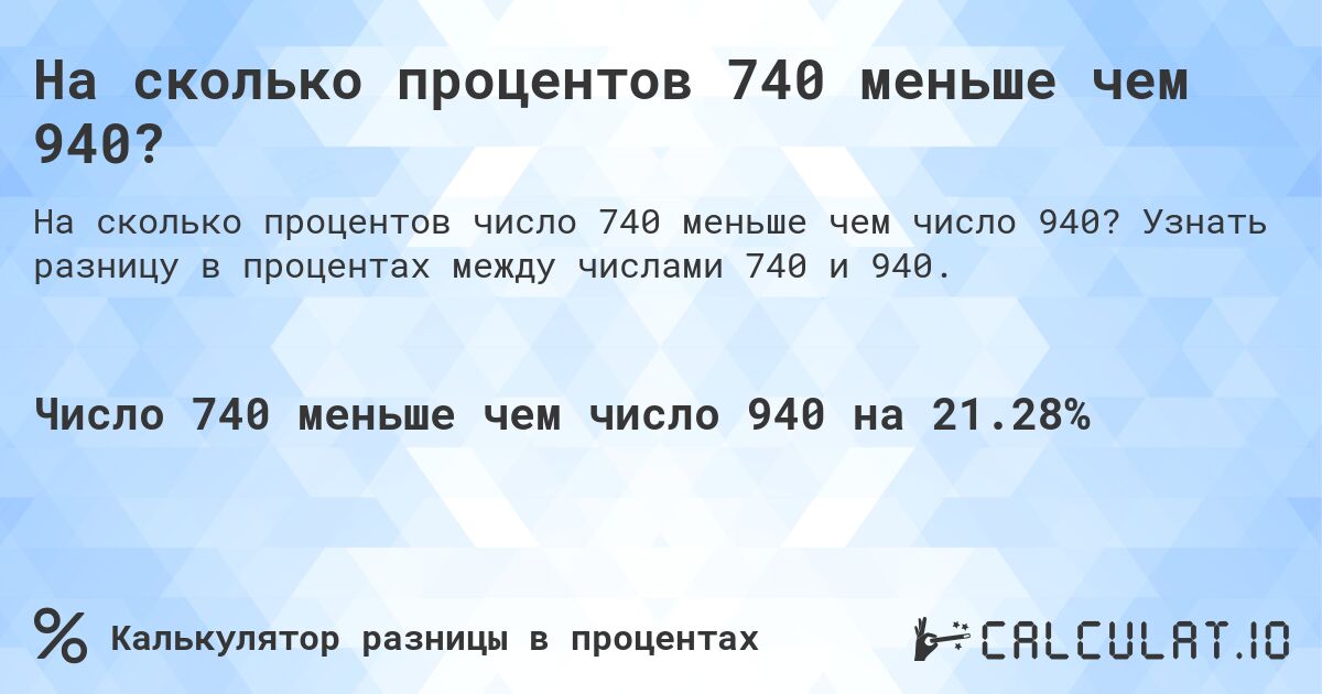 На сколько процентов 740 меньше чем 940?. Узнать разницу в процентах между числами 740 и 940.