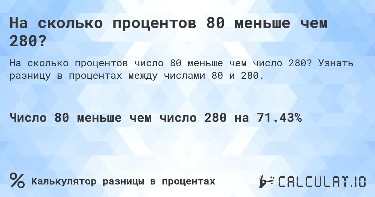 На сколько процентов 80 меньше чем 280?. Узнать разницу в процентах между числами 80 и 280.