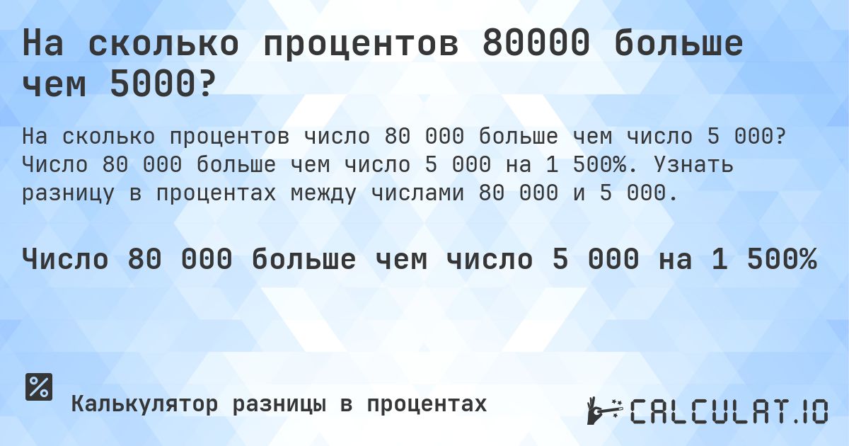 На сколько процентов 80000 больше чем 5000?. Число 80 000 больше чем число 5 000 на 1 500%. Узнать разницу в процентах между числами 80 000 и 5 000.