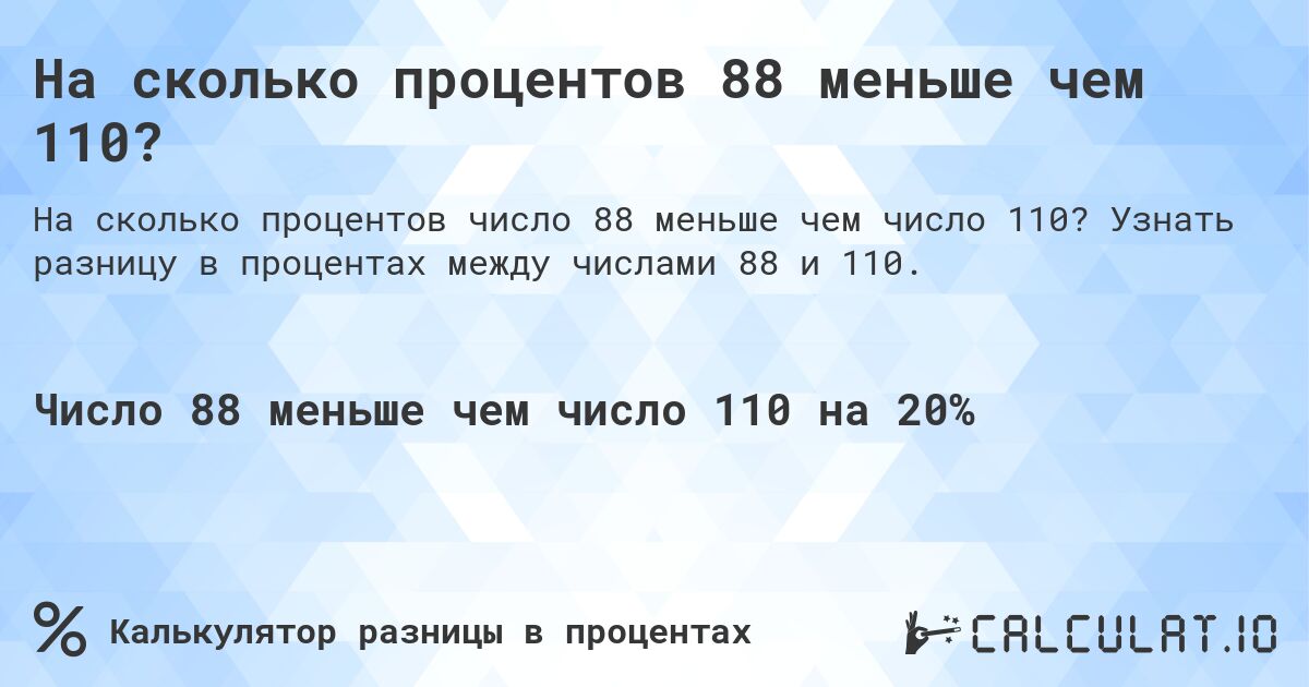 На сколько процентов 88 меньше чем 110?. Узнать разницу в процентах между числами 88 и 110.
