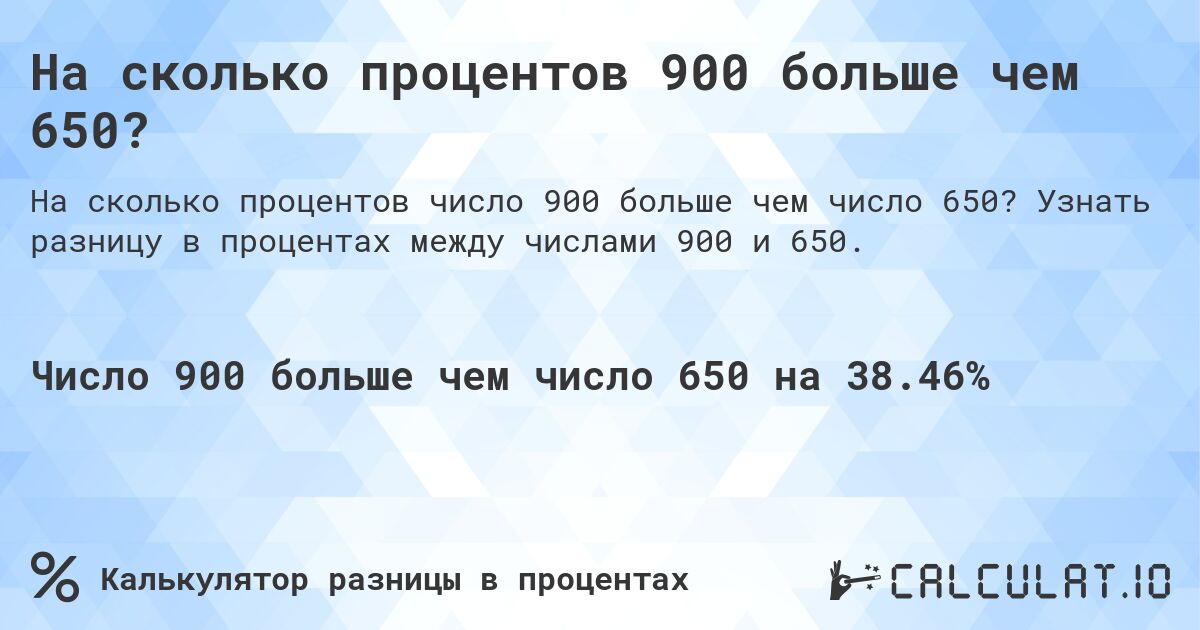 На сколько процентов 900 больше чем 650?. Узнать разницу в процентах между числами 900 и 650.