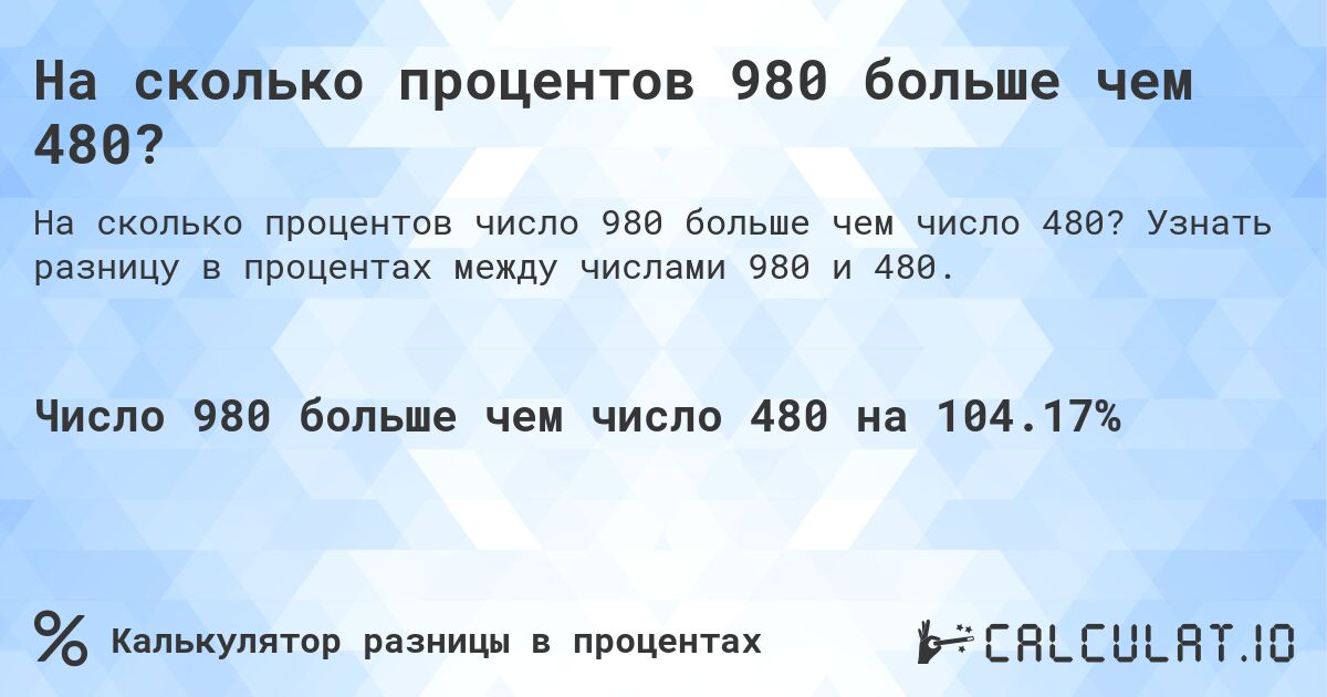 На сколько процентов 980 больше чем 480?. Узнать разницу в процентах между числами 980 и 480.