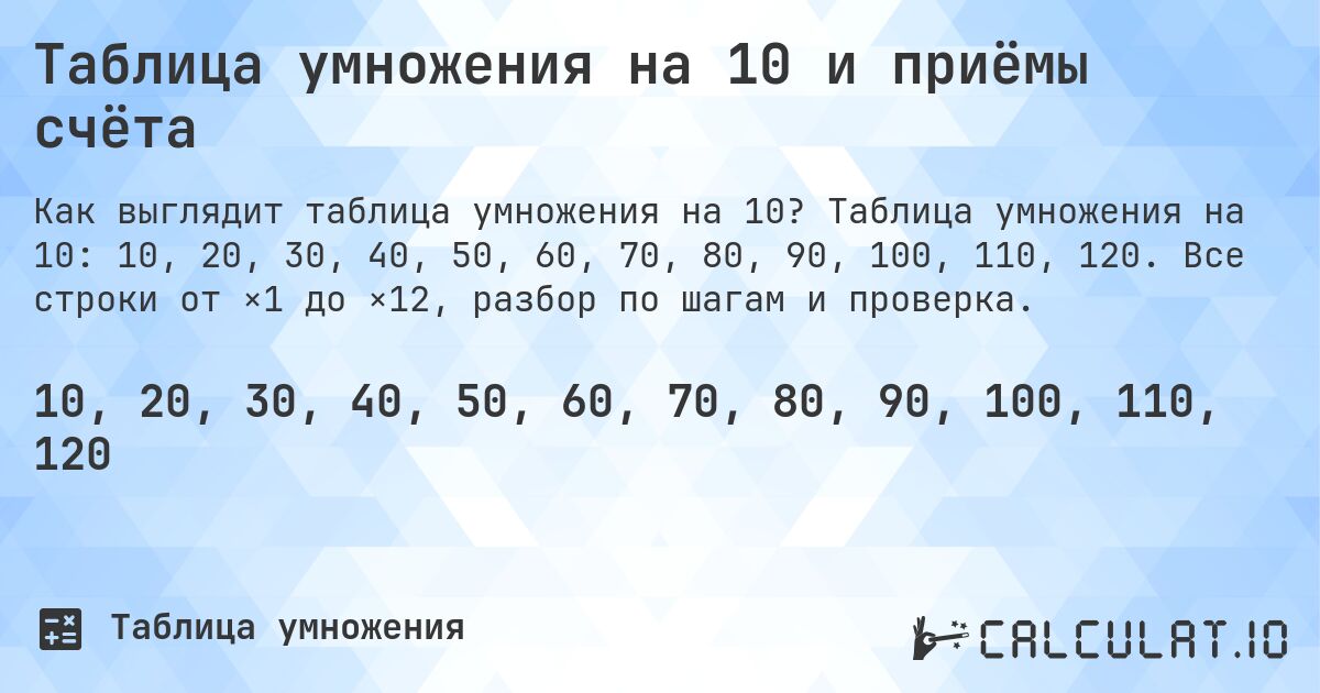 Таблица умножения на 10 и приёмы счёта. Таблица умножения на 10: 10, 20, 30, 40, 50, 60, 70, 80, 90, 100, 110, 120. Все строки от ×1 до ×12, разбор по шагам и проверка.