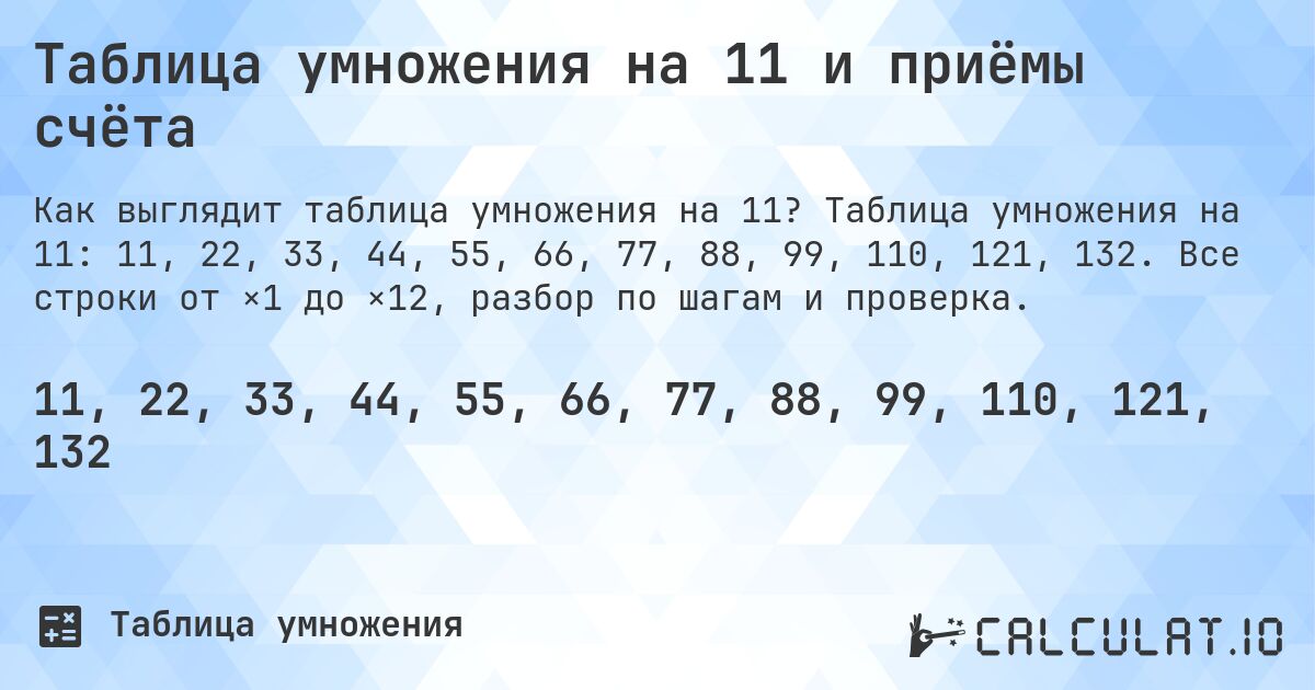 Таблица умножения на 11 и приёмы счёта. Таблица умножения на 11: 11, 22, 33, 44, 55, 66, 77, 88, 99, 110, 121, 132. Все строки от ×1 до ×12, разбор по шагам и проверка.