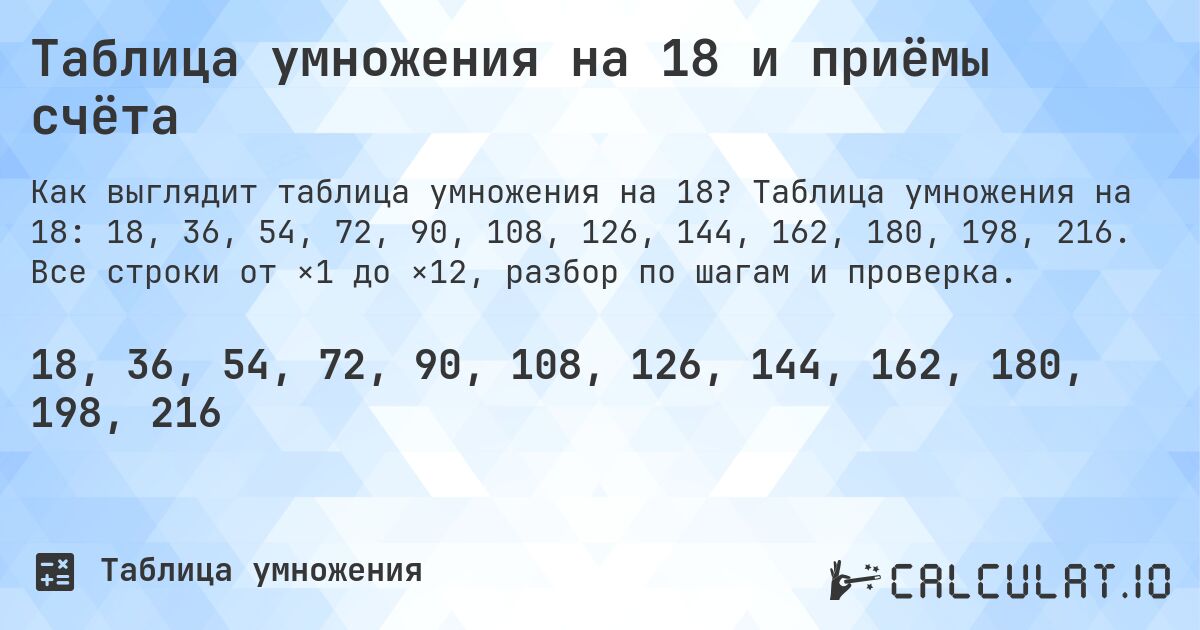 Таблица умножения на 18 и приёмы счёта. Таблица умножения на 18: 18, 36, 54, 72, 90, 108, 126, 144, 162, 180, 198, 216. Все строки от ×1 до ×12, разбор по шагам и проверка.