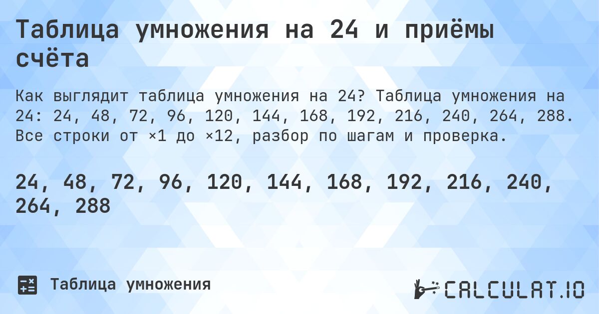 Таблица умножения на 24 и приёмы счёта. Таблица умножения на 24: 24, 48, 72, 96, 120, 144, 168, 192, 216, 240, 264, 288. Все строки от ×1 до ×12, разбор по шагам и проверка.