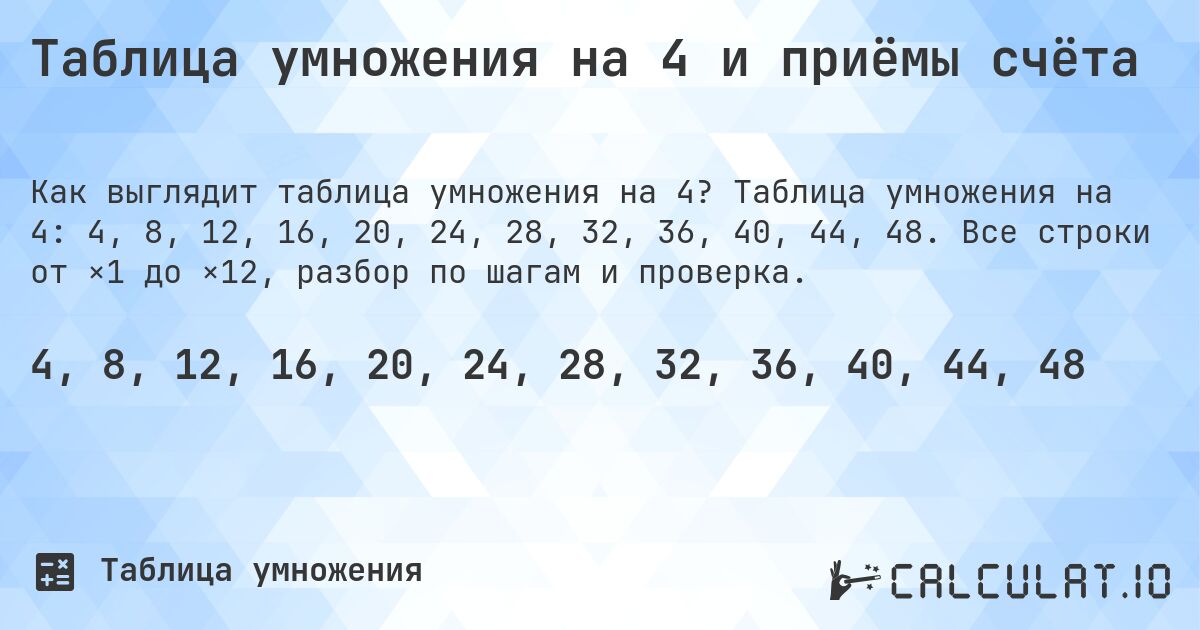 Таблица умножения на 4 и приёмы счёта. Таблица умножения на 4: 4, 8, 12, 16, 20, 24, 28, 32, 36, 40, 44, 48. Все строки от ×1 до ×12, разбор по шагам и проверка.