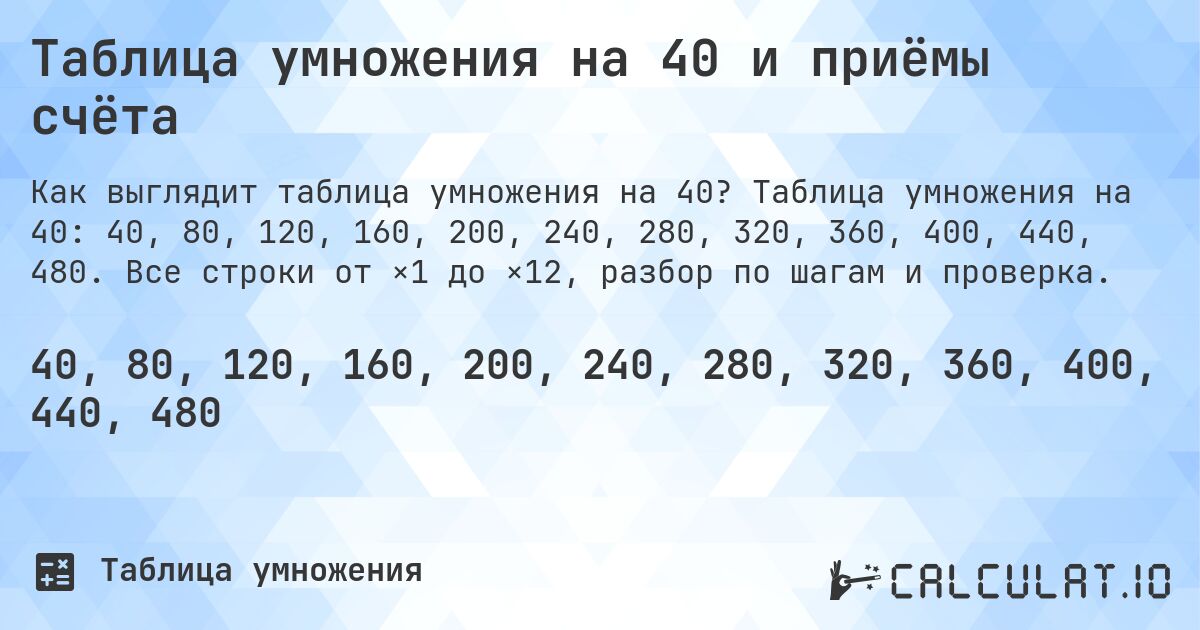 Таблица умножения на 40 и приёмы счёта. Таблица умножения на 40: 40, 80, 120, 160, 200, 240, 280, 320, 360, 400, 440, 480. Все строки от ×1 до ×12, разбор по шагам и проверка.