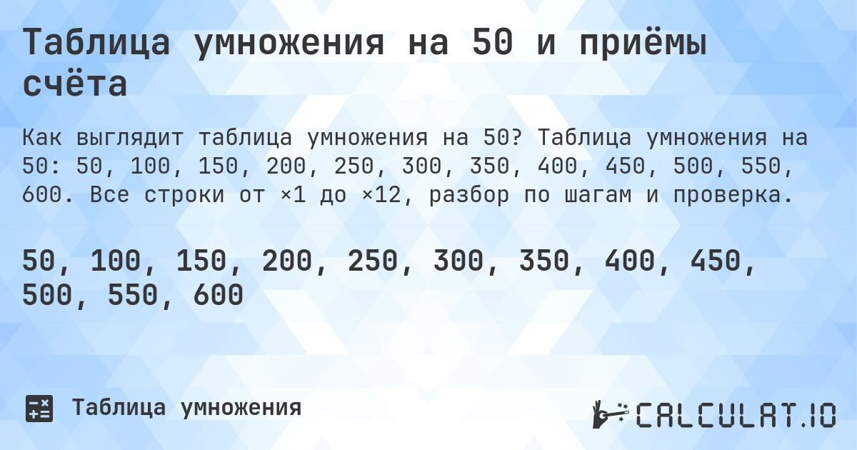 Таблица умножения на 50 и приёмы счёта. Таблица умножения на 50: 50, 100, 150, 200, 250, 300, 350, 400, 450, 500, 550, 600. Все строки от ×1 до ×12, разбор по шагам и проверка.