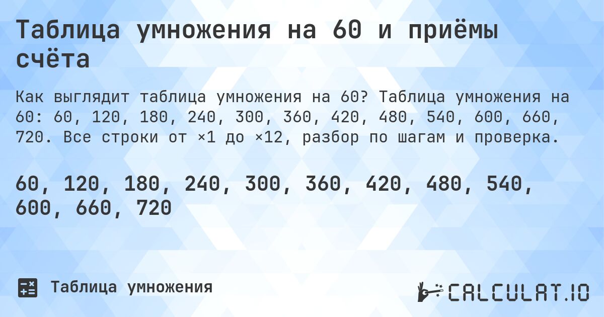 Таблица умножения на 60 и приёмы счёта. Таблица умножения на 60: 60, 120, 180, 240, 300, 360, 420, 480, 540, 600, 660, 720. Все строки от ×1 до ×12, разбор по шагам и проверка.