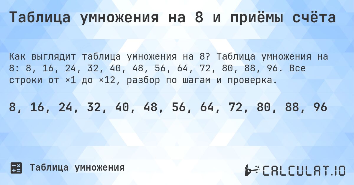Таблица умножения на 8 и приёмы счёта. Таблица умножения на 8: 8, 16, 24, 32, 40, 48, 56, 64, 72, 80, 88, 96. Все строки от ×1 до ×12, разбор по шагам и проверка.