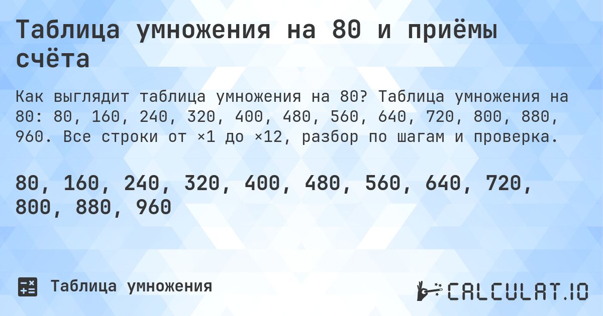Таблица умножения на 80 и приёмы счёта. Таблица умножения на 80: 80, 160, 240, 320, 400, 480, 560, 640, 720, 800, 880, 960. Все строки от ×1 до ×12, разбор по шагам и проверка.