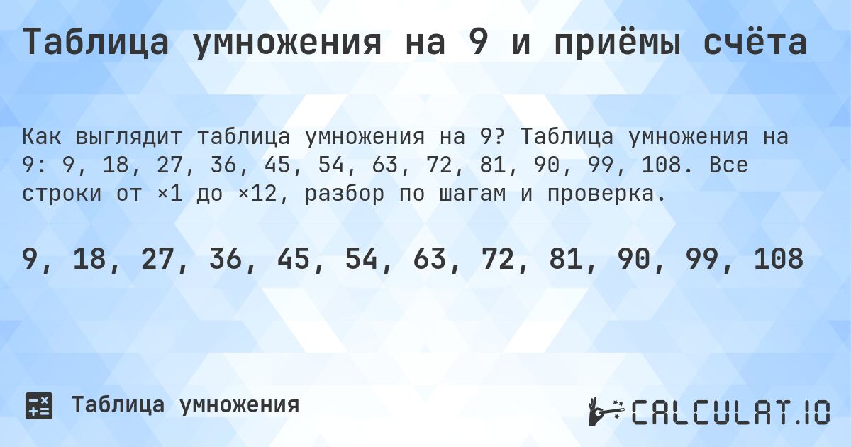Таблица умножения на 9 и приёмы счёта. Таблица умножения на 9: 9, 18, 27, 36, 45, 54, 63, 72, 81, 90, 99, 108. Все строки от ×1 до ×12, разбор по шагам и проверка.