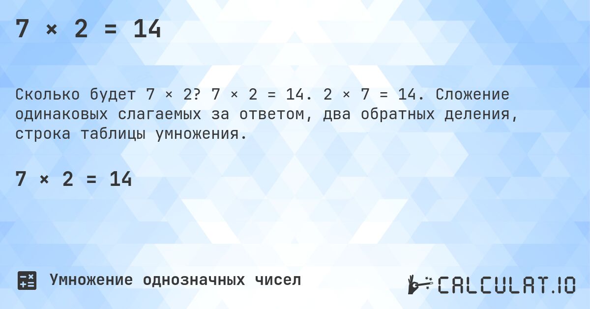7 × 2 = 14. 7 × 2 = 14. 2 × 7 = 14. Сложение одинаковых слагаемых за ответом, два обратных деления, строка таблицы умножения.