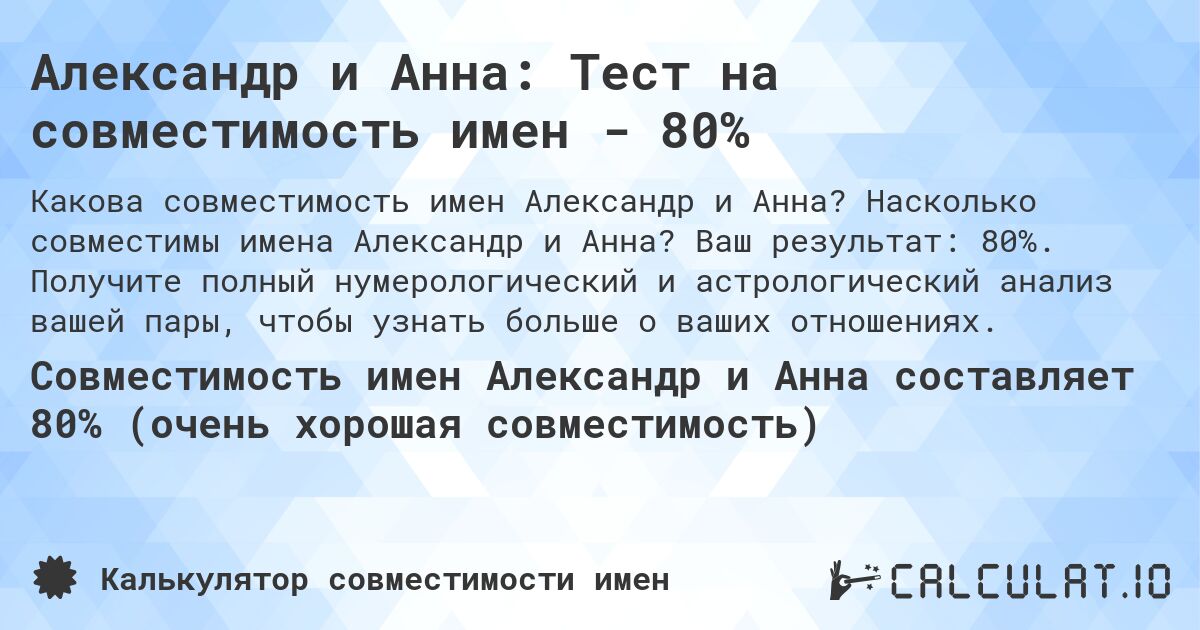 Александр и Анна: Тест на совместимость имен - 80%. Насколько совместимы имена Александр и Анна? Ваш результат: 80%. Получите полный нумерологический и астрологический анализ вашей пары, чтобы узнать больше о ваших отношениях.