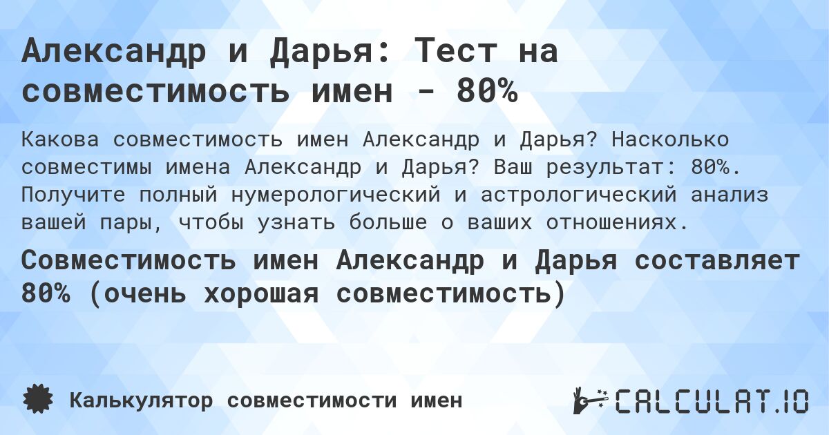 Александр и Дарья: Тест на совместимость имен - 80%. Насколько совместимы имена Александр и Дарья? Ваш результат: 80%. Получите полный нумерологический и астрологический анализ вашей пары, чтобы узнать больше о ваших отношениях.