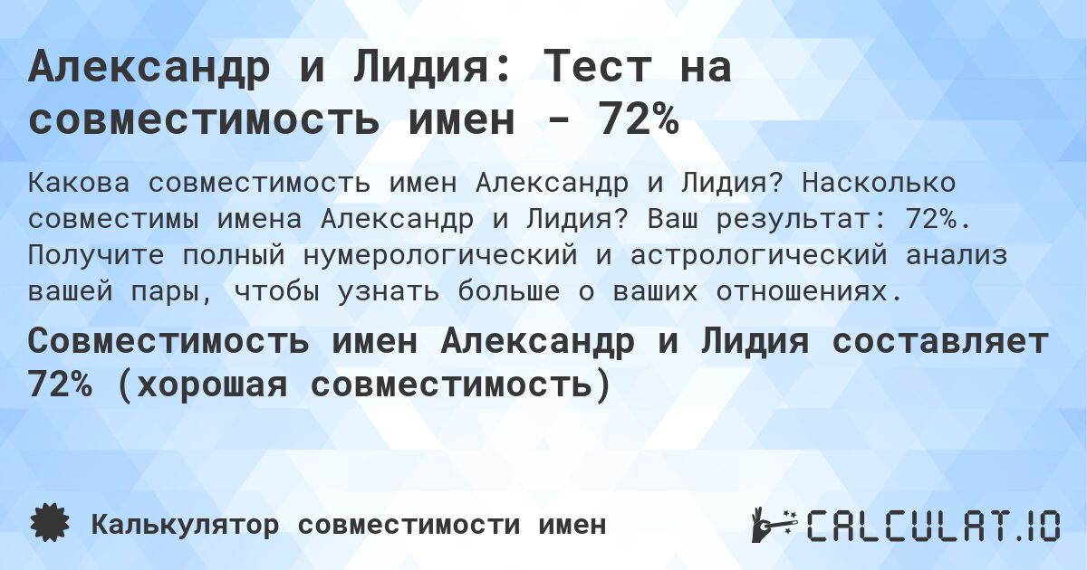 Александр и Лидия: Тест на совместимость имен - 72%. Насколько совместимы имена Александр и Лидия? Ваш результат: 72%. Получите полный нумерологический и астрологический анализ вашей пары, чтобы узнать больше о ваших отношениях.