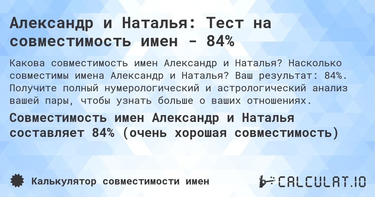 Александр и Наталья: Тест на совместимость имен - 84%. Насколько совместимы имена Александр и Наталья? Ваш результат: 84%. Получите полный нумерологический и астрологический анализ вашей пары, чтобы узнать больше о ваших отношениях.