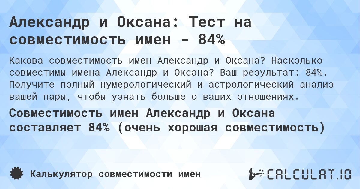 Александр и Оксана: Тест на совместимость имен - 84%. Насколько совместимы имена Александр и Оксана? Ваш результат: 84%. Получите полный нумерологический и астрологический анализ вашей пары, чтобы узнать больше о ваших отношениях.