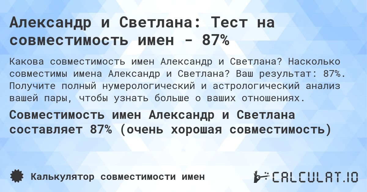 Александр и Светлана: Тест на совместимость имен - 87%. Насколько совместимы имена Александр и Светлана? Ваш результат: 87%. Получите полный нумерологический и астрологический анализ вашей пары, чтобы узнать больше о ваших отношениях.
