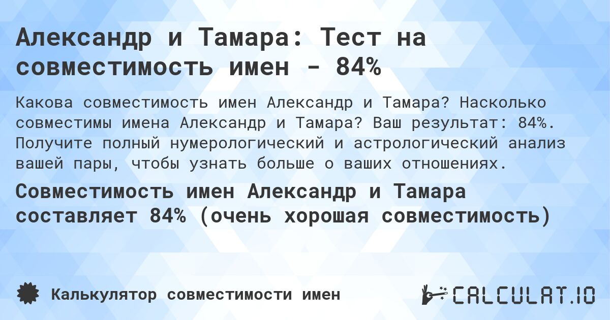 Александр и Тамара: Тест на совместимость имен - 84%. Насколько совместимы имена Александр и Тамара? Ваш результат: 84%. Получите полный нумерологический и астрологический анализ вашей пары, чтобы узнать больше о ваших отношениях.
